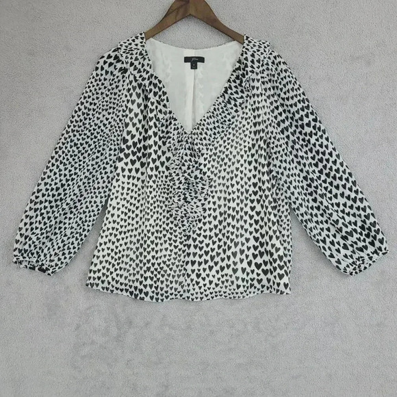 J. Crew Women's M  V- Neck Black & White Heart Print Chiffon Blouse   29PT - Picture 1 of 9